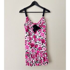 Betsey Johnson Pink and Black Floral Swim Dress with Bow Accent